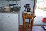 Sunbeam mixer, oak stand, miscellaneous dishes
