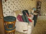 Rattan ottomans, recliner, pillows, corner shelf, globe, paper shredder