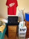 Wood 2 drawer file cabinet, ironing board and irons. Go Wings!!!!