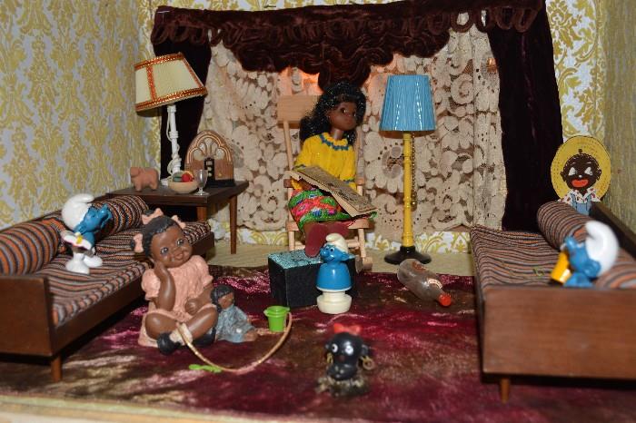 Antique miniature scene in townhouse doll house.
