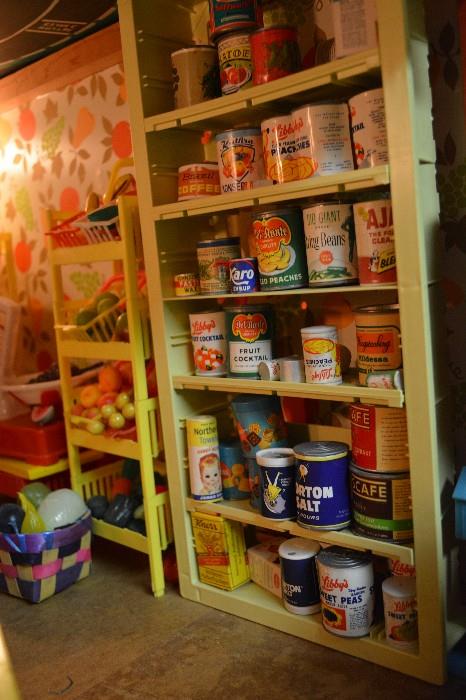 Shelves filled with miniature vintage canned goods!