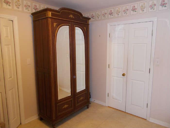 VINTAGE Armoire with gold painted trim - Double Beveled Mirror Doors - 4 shelves inside - 1 long drawer inside - no key - 43" wide; 90" tall; 20" deep - BEAUTIFUL!!!
