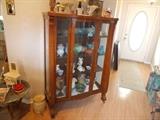 VINTAGE Oak China Cabinet - 1 glass/wood door in front (has key); 2 glass panels on either side in front; 2 glass panels on either side - 42" wide; 61" tall; 16" deep - NICE!!