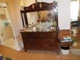 VINTAGE Buffet/Server - LARGE Beveled Mirror - 2 posts on either side holds up top shelf; 2 drawers; 2 doors below; 60" wide; 21.5 deep; 75" wide - VERY NICE!!