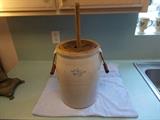 VINTAGE Stoneware Jug #3 - 2 wooden handles - has a wooden butter churn plunger in it