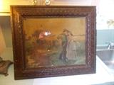 VINTAGE Framed Western Germany Farm Scene (scene looks like repousse (raised) art) - Convex glass 19" wide - 25" tall 
