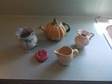 WELLER Pottery Pieces - Look at the RED Flower Frog - left front!!!!!!  Cool!!!
