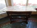 Mahogany Table with BEAUTIFUL Pink, Off white, & Tan Marble Top - 44" wide; 22" deep; 29" tall