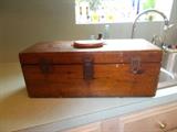 VINTAGE Wooden Box - Tool Box/Fishing Box - Hard Molded "Luggage" Type Handle - one of the best boxes of this type we've had in 20 years....2 latches - 1 unlocked lock (sorry, no key) - 20" wide; 8" tall; 8" deep