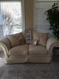 Matching loves seat Cabin Master w/ cushion stays. Multi cream upholstery with no stains and little wear.