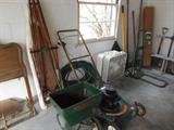 Garage:  An old wooden frame ironing board, seeder, lawn mower (no, we did not test it); box fans, and miscellaneous outdoor items.