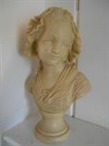 Living Room-Mantel:  A composition stone 18" bust of a French girl with a bonnet is very sweet.  Signed on the back:  "Paris Grinam Niam."  She is actually quite heavy! 