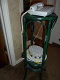 Push button phone land line, green wicker plant stand