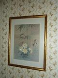 Gold trim bamboo frame with oriental print floral/birds