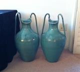 2 large teal ceramic urns