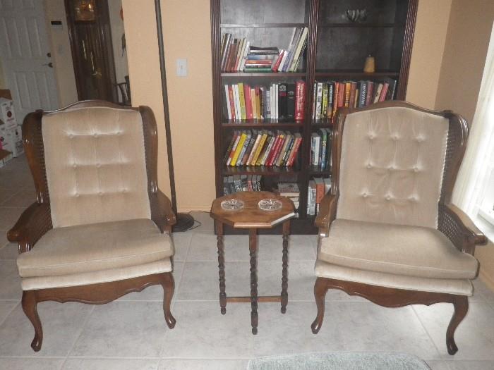 Chairs, antique side table and bookcase