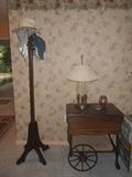 Wood hat rack, antique tea cart, lamp (hats not included)