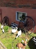 Wagon wheels and lawn ornaments - geese , deer, birds, etc