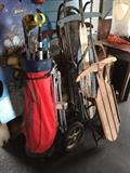 Golf clubs, snow sleds, yard games, leaf blower, electric hedge trimmers, racks, shovels, garden tools, etc.