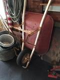 Wheel barrel, egg baskets, tent poles, camping equipment