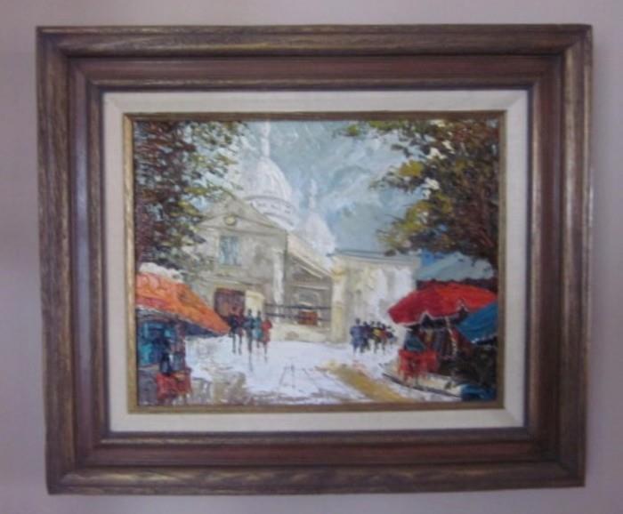 Original oil painting by unknown artist, street scene, framed, 20" wide, 17" tall.