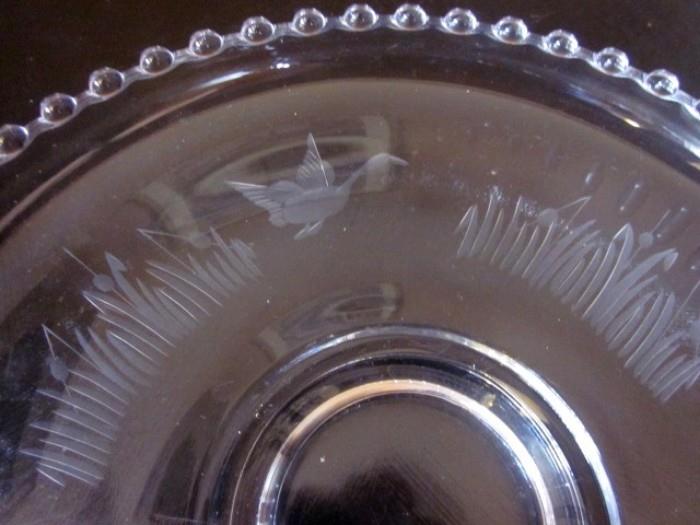 Large Candlewick dish, etched (ducks and cattails)