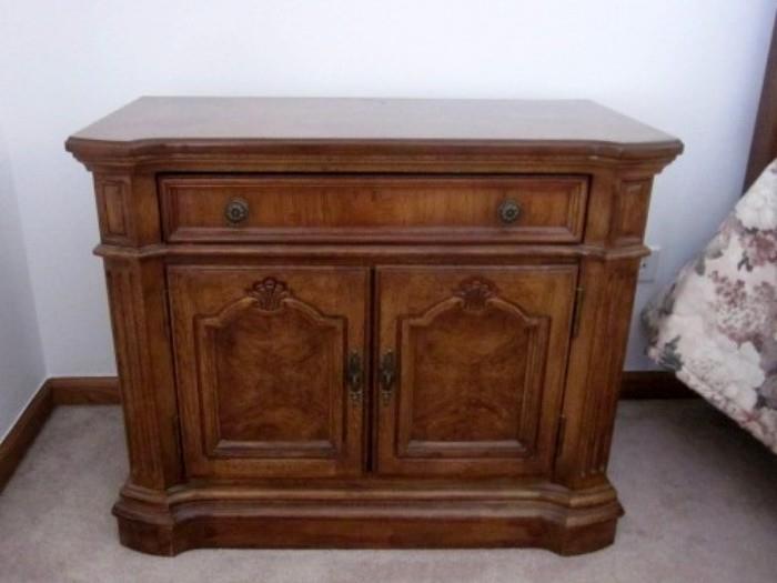Pair of solid wood large nightstands, Burlwood veneer with drawer and double-door storage area.