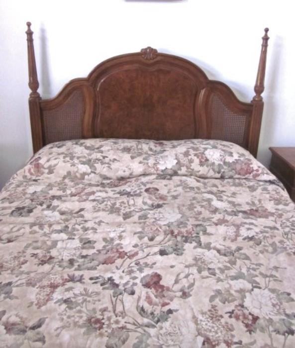 Solid wood Queen size bed, tall head board with posts, Burlwood veneer and caning, frame, mattress and box spring. 