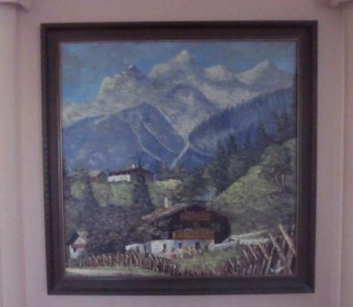 Large original oil painting by local artist, R. Netti, measures 40" square including frame.