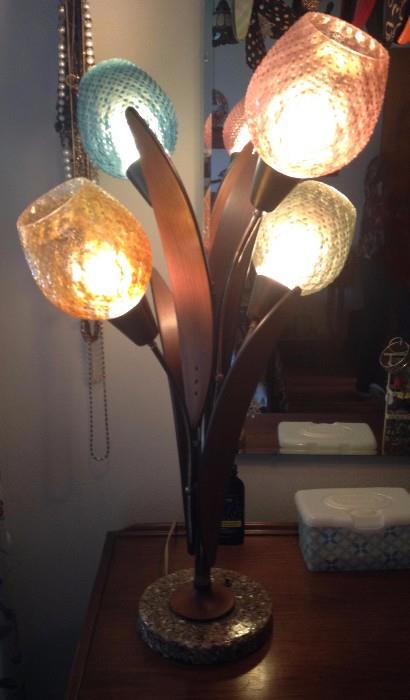Wonderful MCM teak & glass tulip lamp