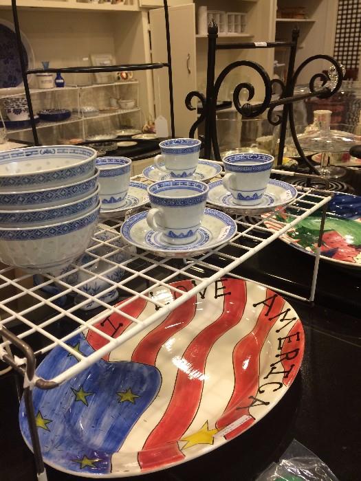 Blue & white dishes; "I love America" platter