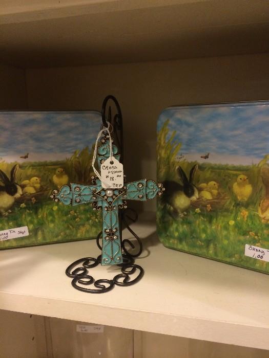 Decorative Easter boxes; jeweled aqua cross
