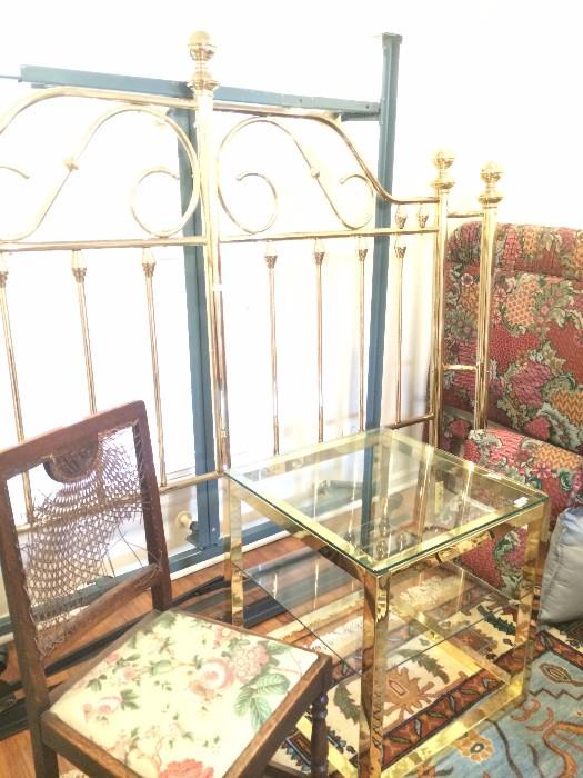 King brass headboard; square brass two-shelf table; antique side chair