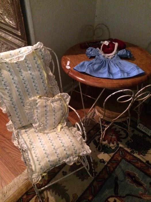 Precious vintage doll rocker and child's ice cream table & 3 chairs