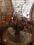 Two rattan "queen" chairs and round side table