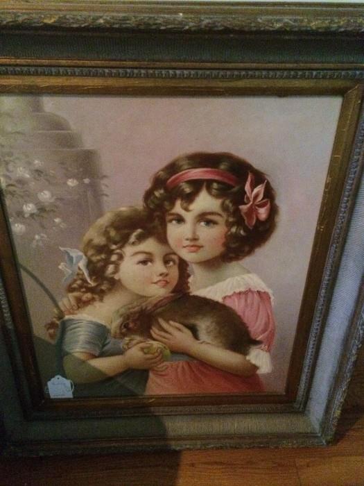 Vintage art of two young girls and their pet