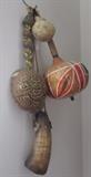Assortment of Objects:  Antique Power Horn, Rattle made with a turtle shell and hand painted handle by Earl Staley, Painted Gourd Rattle, Small Gourd.  All items sold separately.