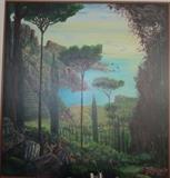 Large Painting by Earl Staley of a Mediterranean scene painted in 1984.