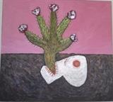 Painting by Earl Staley of a skull with cactus in the mouth.  Glitter, cotton, texture on canvas.