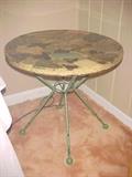 MID CENTURY TABLE WITH METAL BASE W/ SEMI PRECIOUS GEMSTONE ROCKS EMBEDDED IN THE ACRYLIC THE TOP