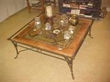 WROUGHT IRON COFFEE TABLE WITH BEVELED GLASS W/ LEATHER BORDER