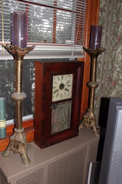 Vintage Clock & Pair of Candle Sticks