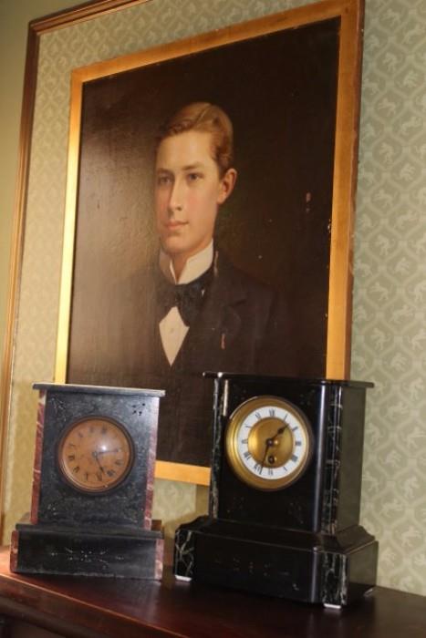 Antique Clocks & Framed Portrait