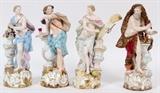 Lot#1001, MEISSEN PORCELAIN ALLEGORICAL FIGURES, LATE 19TH C., FOUR, H 9"-9 1/2", 'THE FOUR SEASONS'.A set of 4 figures modeled as male and female allegories of Spring, Summer, Autumn, and Winter, hand painted and raised on a scroll-molded base; each is marked in blue underglaze with blue crossed swords, incised numerals 2730, 2724, 2732, and 2731, respectively (see additional photo). From the collection of Dr. Marion Scott and Ann Scott, Grosse Pointe Shores.
