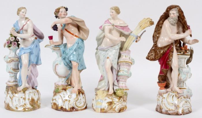 Lot#1001, MEISSEN PORCELAIN ALLEGORICAL FIGURES, LATE 19TH C., FOUR, H 9"-9 1/2", 'THE FOUR SEASONS'.A set of 4 figures modeled as male and female allegories of Spring, Summer, Autumn, and Winter, hand painted and raised on a scroll-molded base; each is marked in blue underglaze with blue crossed swords, incised numerals 2730, 2724, 2732, and 2731, respectively (see additional photo). From the collection of Dr. Marion Scott and Ann Scott, Grosse Pointe Shores.
