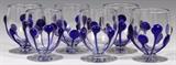 Lot#1026, LIBBEY NASH COBALT & CLEAR CRYSTAL CORDIAL CUPS, C. 1933, SET OF SIX, H 3"Each clear crystal bowl is embellished with applied cobalt blue lily pad prunts.  Acid etched mark at the undersides.  Similar punch cups featured in "Libbey Glass, Pictorial History and Collector's Guide" by Carl U. Fauster, Fig.57, also on p.346, named "K540".