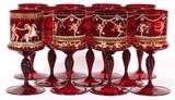 Lot#1034, MURANO BLOWN RED GLASS & ENAMEL WATER GOBLETS, C. 1930, ELEVEN, H 7"Hand blown.  A set of 11, each is enamel decorated with nude dancers with veils.