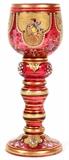 Lot#1033, BOHEMIAN ENAMELED GLASS WINE, PROBABLY MOSER, 19TH C., H 7 3/8"The bowl having four stippled enamel and solid gold panels, two of each in putti and floral motifs.  With berry like prunts applied over an open Roemer stem.  No apparent markings.