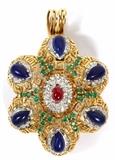 Lot#1043, 18KT YELLOW GOLD, DIAMOND, RUBY, EMERALD & LAPIS PENDANT/BROOCH, L 2 1/2"An 18kt yellow gold mount with pierced Greek key motif overall, having a central cabochon ruby, 24 small round emeralds, 84 round diamonds, and 6 lapis lazuli in teardrop shape, with removable pendant loop.  Measures L.2 1/2" x 1 3/4".  Weighs approximately 37 grams in total.