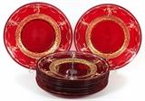 Lot#1039, MURANO RED GLASS & ENAMEL PLATES, C. 1930, ELEVEN, DIA 9 3/8"Hand blown.  A set of 11, each is enamel decorated with nude dancers with veils.
